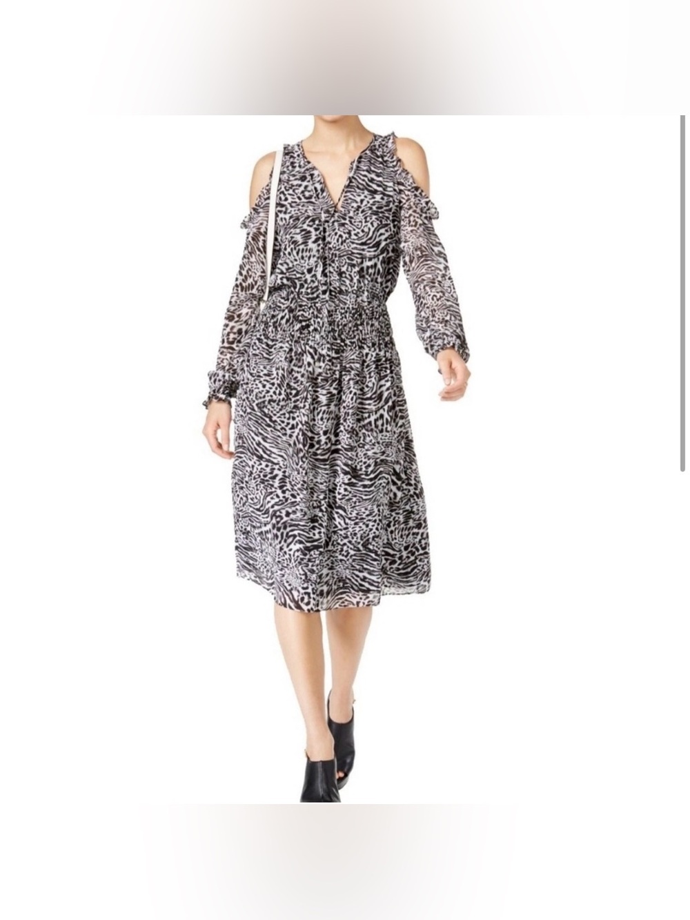 NWT Michael Kors Black Zebra Print
Cold-shoulder Smocked Fit & Flare
Dress Sz S